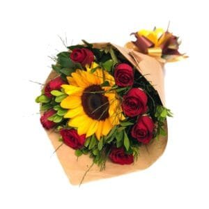 Buquê Girassol com Rosas Vermelhas